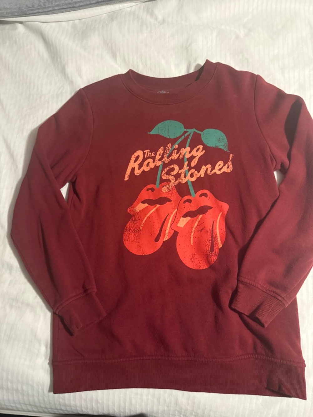 the Rolling Stones Burgundy Sweatshirt with Red & Teal Graphic